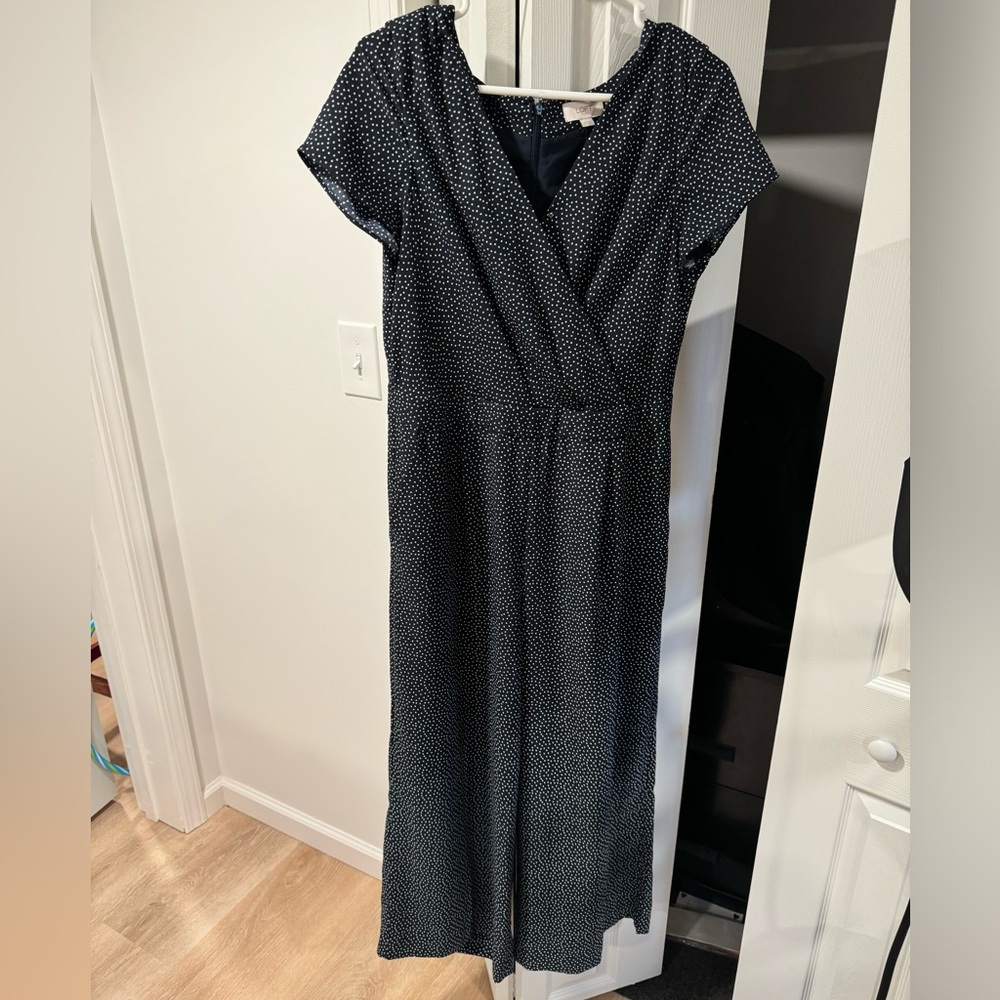 NEW navy with white polka dots, wide leg cropped jumpsuit